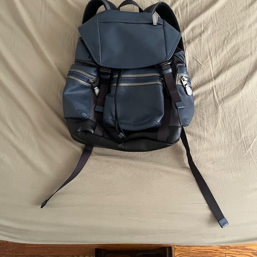Coach Navy Blue and Black Textured Leather Backpack